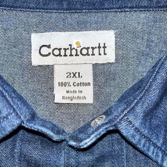 Vintage Carhartt Denim Pearl Snap Shirt Rugged Western Cowboy 2XL - Picture 5 of 15